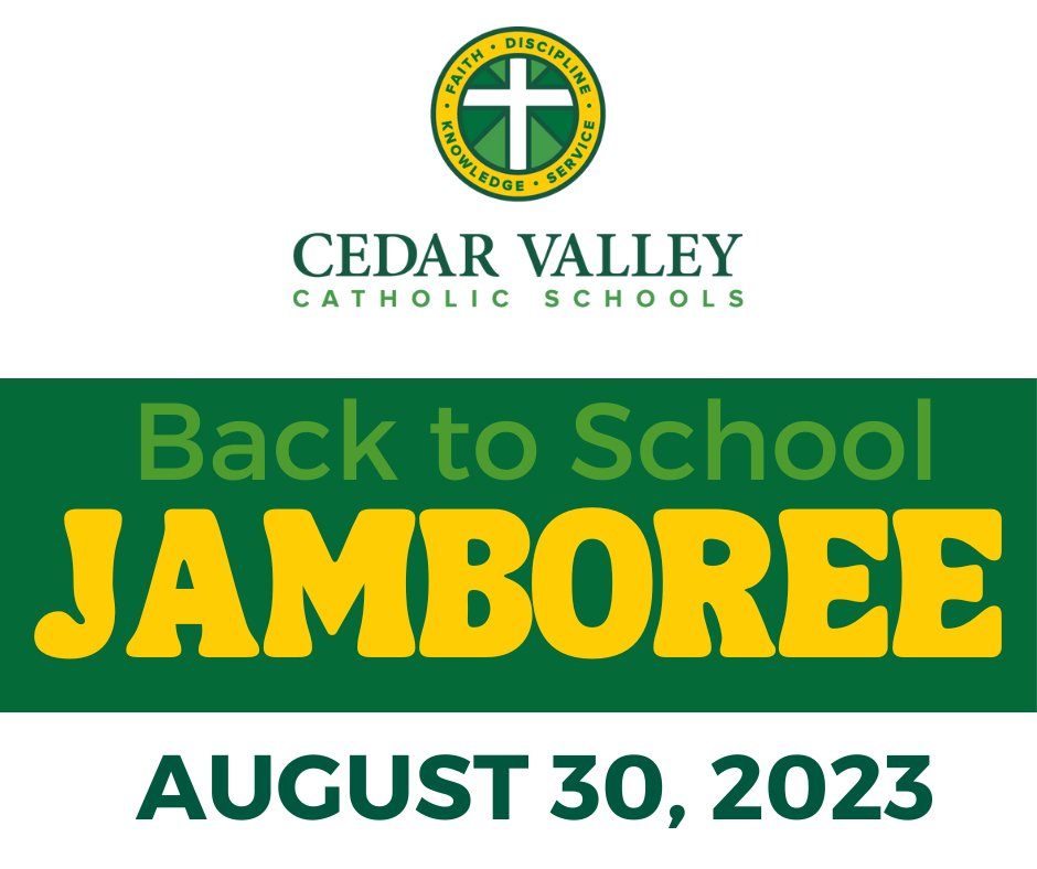 Join us to kick off the school year at CVCS. Mass will begin at 6pm in the BMAP gym. Following Mass, join us at T.J. McLaughlin Field for FREE walking tacos, carnival games, and more! All members of the Catholic parishes in the Cedar Valley are invited to join!