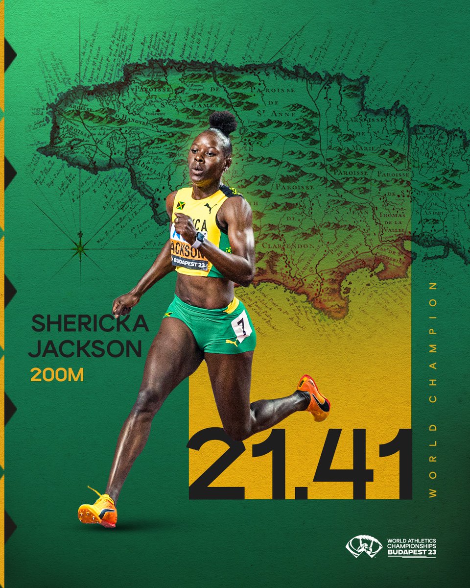 World Athletics (@worldathletics) on Twitter photo All the glory goes to Jamaica ‼️
<a href="/sherickajacko/">Shericka Jackson</a> storms to the 2nd fastest 200m in HISTORY.
21.41 championship record 🔥
#WorldAthleticsChamps All the glory goes to Jamaica ‼️
<a href="/sherickajacko/">Shericka Jackson</a> storms to the 2nd fastest 200m in HISTORY.
21.41 championship record 🔥
#WorldAthleticsChamps