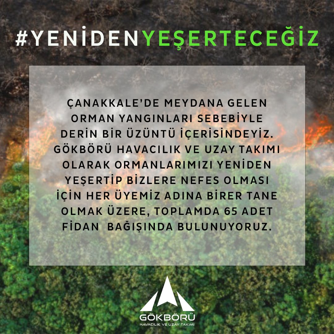 gokboruht's tweet photo. Çanakkale’de meydana gelen orman yangınlar�� sebebiyle derin bir üzüntü içerisindeyiz. Gökbörü Havacılık ve Uzay Takımı olarak ormanlarımızı yeniden yeşertip bizlere nefes olması için toplamda 65 adet fidan bağışında bulunuyoruz. 

Ülkemize nefes olma sırası sizde! @ituhyperbee https://t.co/LmUrV0Q67k