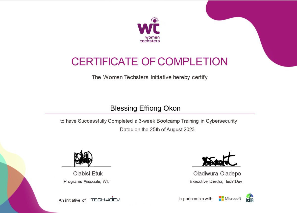blessingeyen's tweet photo. Thank you @Tech4DevHQ for the cybersecurity training and Certification.
#cybersecurityawareness #cybersecuritythreats #CyberSecurityAwarenessMonth #cybersecurityengineer #cybersecuritytraining #cybersecurityconsultant #cybersecurityprogram https://t.co/FEFjX8roPm