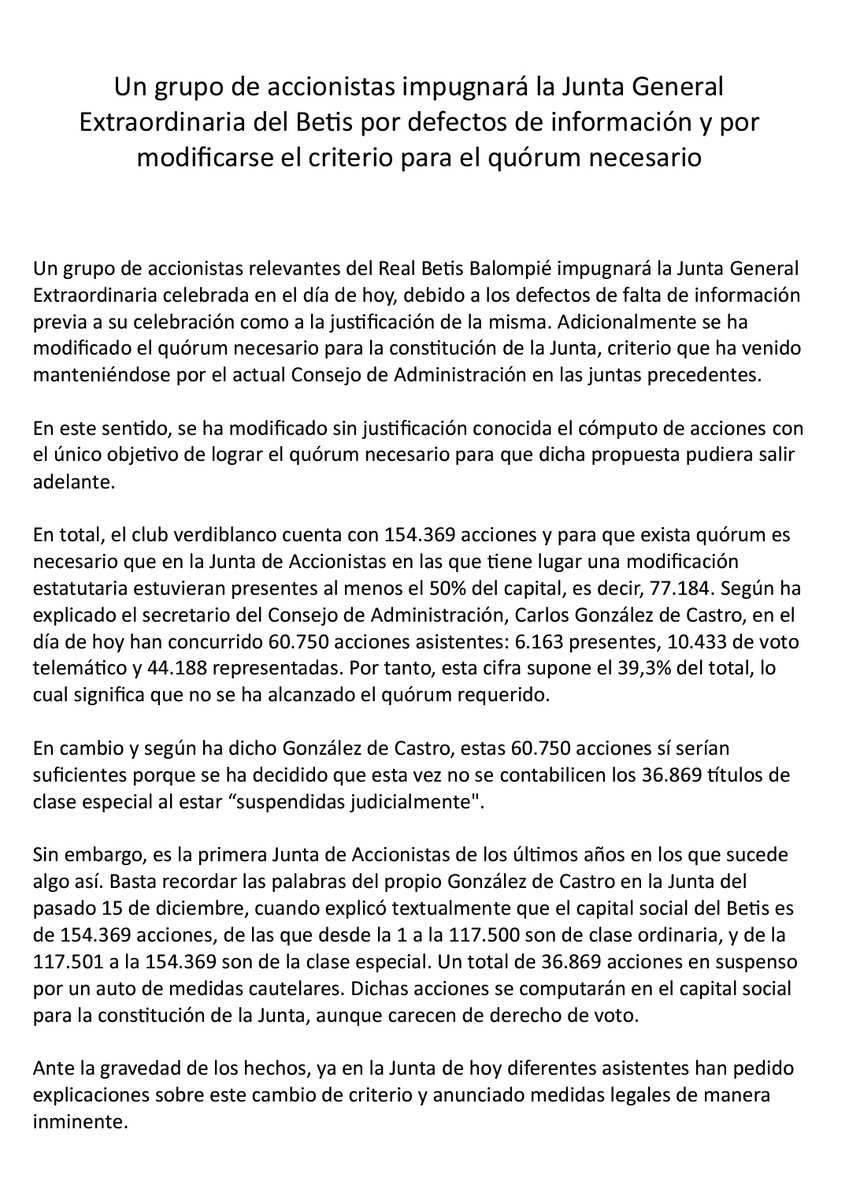 EPOB_'s tweet photo. 🟢 Comunicado oficial:

Impugnación de la Junta General Extraordinaria del #Betis por defectos de información y por modificarse el criterio para el quórum necesario https://t.co/jJEsr5d7kn