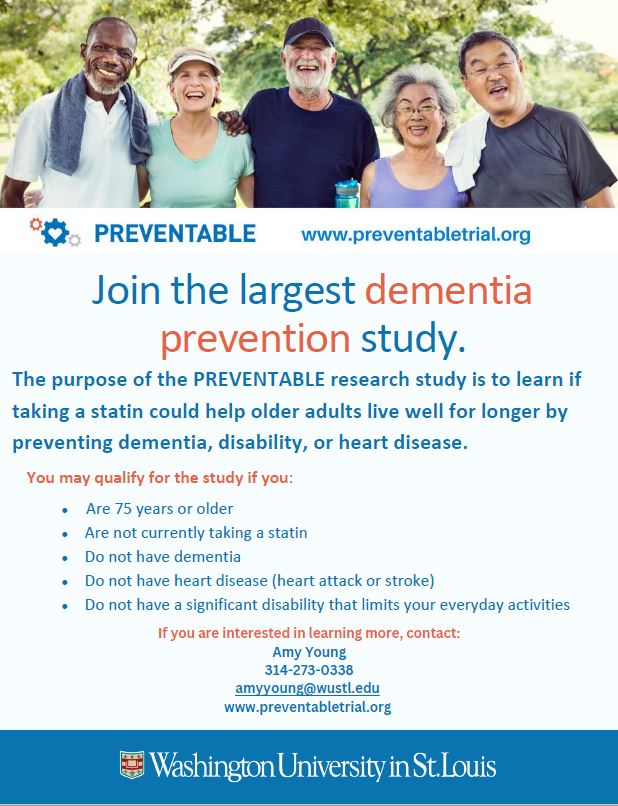 Volunteer for Health (@washuvfh) on Twitter photo #ClinicalResearch Matters | the #PREVENTABLEtrial is gathering evidence on the role and benefits of #statins to prevent #dementia in adults 75 years or older. | Learn more at preventabletrial.org <a href="/PCORnetwork/">PCORnetwork</a> #ClinicalResearch Matters | the #PREVENTABLEtrial is gathering evidence on the role and benefits of #statins to prevent #dementia in adults 75 years or older. | Learn more at preventabletrial.org <a href="/PCORnetwork/">PCORnetwork</a>