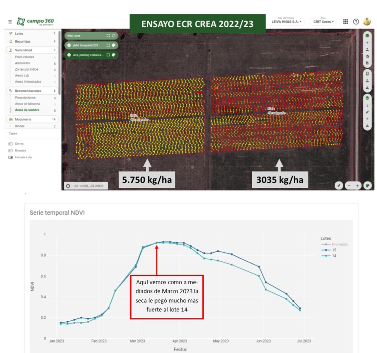 A juzgar por las curvas de NDVI de @GeoAgroTEK todo marchaba bien... pero a mitad de marzo 2023 pasaron cosas 🔥🔥🔥
Que luego obligaron de solo 1 Ensayo hacer 2 Análisis
#somoscrea #somosch #innovarparacrecer