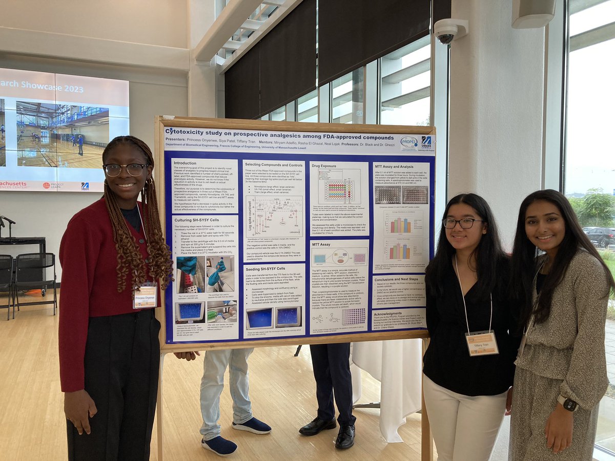 PainResearchUML's tweet photo. Congratulations to our amazing summer high school interns (Tiffany, Princess and Siya) on presenting their research! #PROPEL2023 @UMassLowell #UMassLowell @BiomedicalUml #painresearchlab https://t.co/23xx0Hjl9K