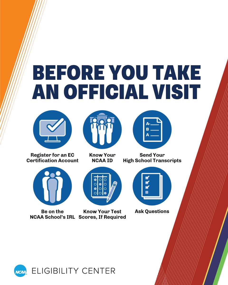 Before an <a href="/NCAA/">NCAA</a> DI or <a href="/NCAADII/">NCAA Division II</a> official visit:  

✅ Register for an <a href="/ncaaec/">NCAA Eligibility Center</a> certification account. 
✅ Know your NCAA ID. 
✅ Send your high school transcripts. 
✅ Be on the NCAA school's IRL. 
✅ Know your <a href="/OfficialSAT/">The SAT Program</a>/<a href="/ACT/">ACT</a> scores, if required. 
✅ Ask questions!
