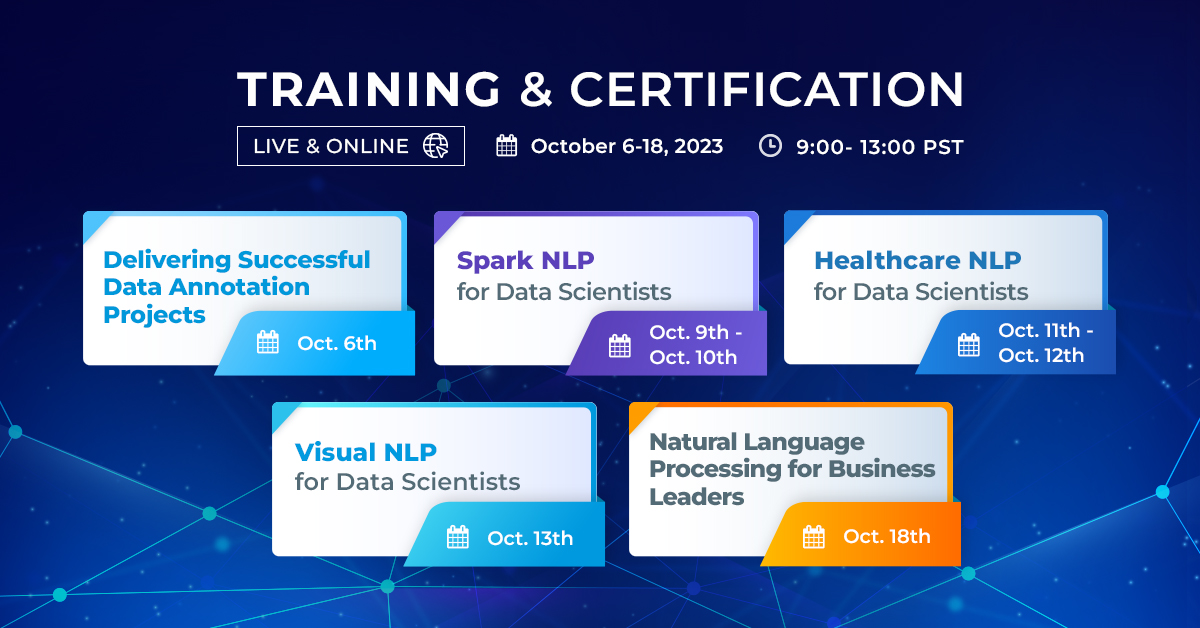 JohnSnowLabs's tweet image. Join us for our upcoming training sessions and learn how to take your data science skills to the next level. 
Learn more: hubs.li/Q020bKy80  
#DataAnnotationProjects #SparkNLP #HealthcareNLP #VisualNLP #BusinessLeaders #TrainingSessions
