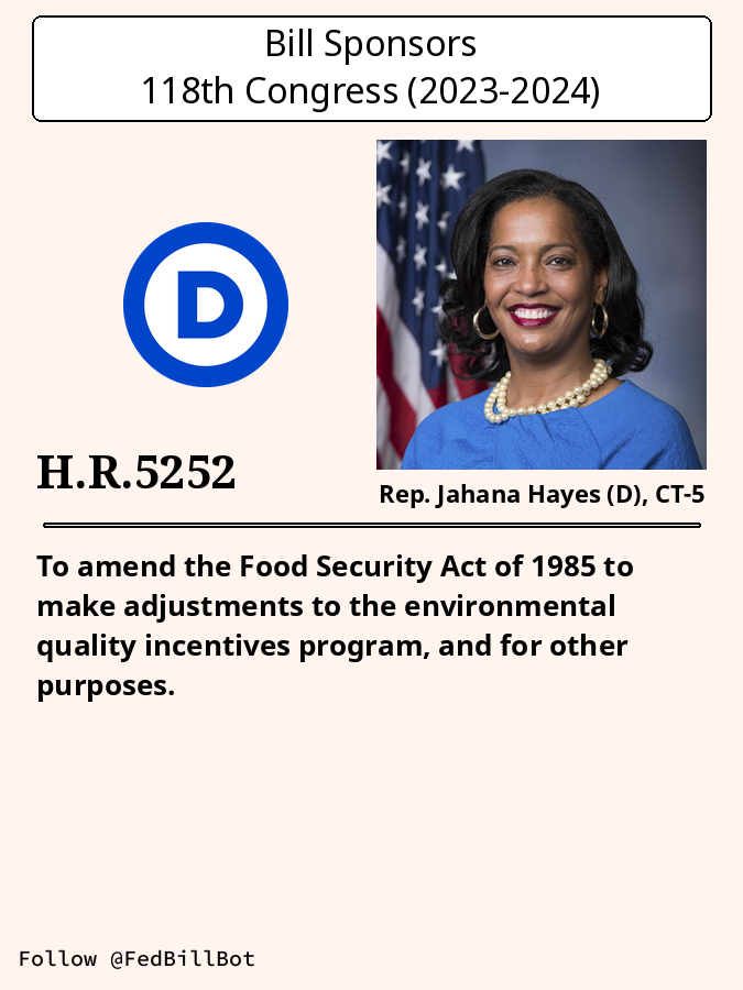 H.R.5252 EQIP Improvement Act of 2023 SPONSOR: @RepJahanaHayes @joannadhayes № CO-SPONSORS: 0 STATUS: Introduced LATEST ACTION: House floor - 2023-08-22 Referred to the House Committ... #HR5252 congress.gov/bill/118th-con…