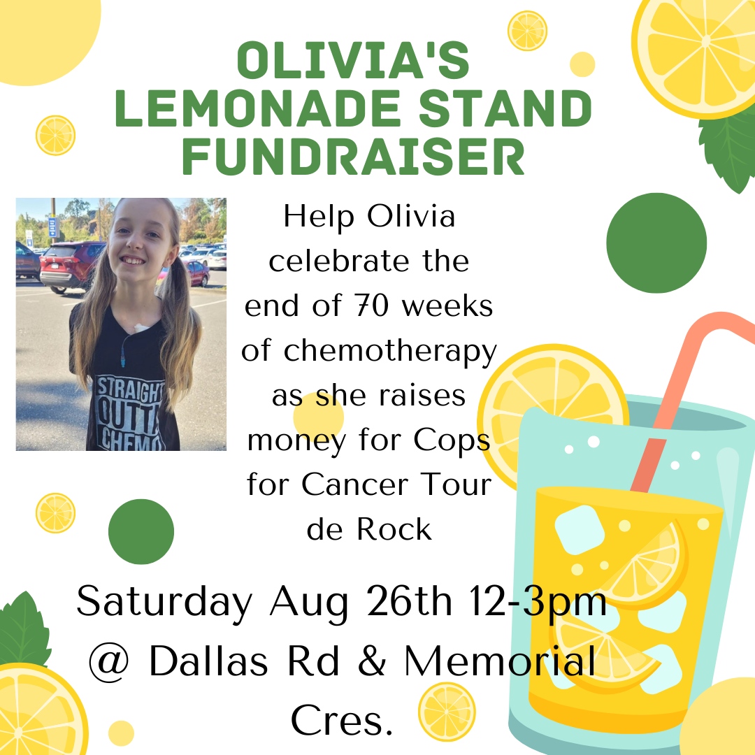 vicpdcanada's tweet image. Olivia&apos;s Cops for Cancer @TourdeRock fundraising journey began last year as a Junior Rider w/ VicPD&apos;s Cst. Chris Van Swieten.

Temperatures in the high 20&apos;s are expected tomorrow - the perfect day for a cold glass of lemonade for a good cause! 🌞

#yyj #copsforcancer #tourderock