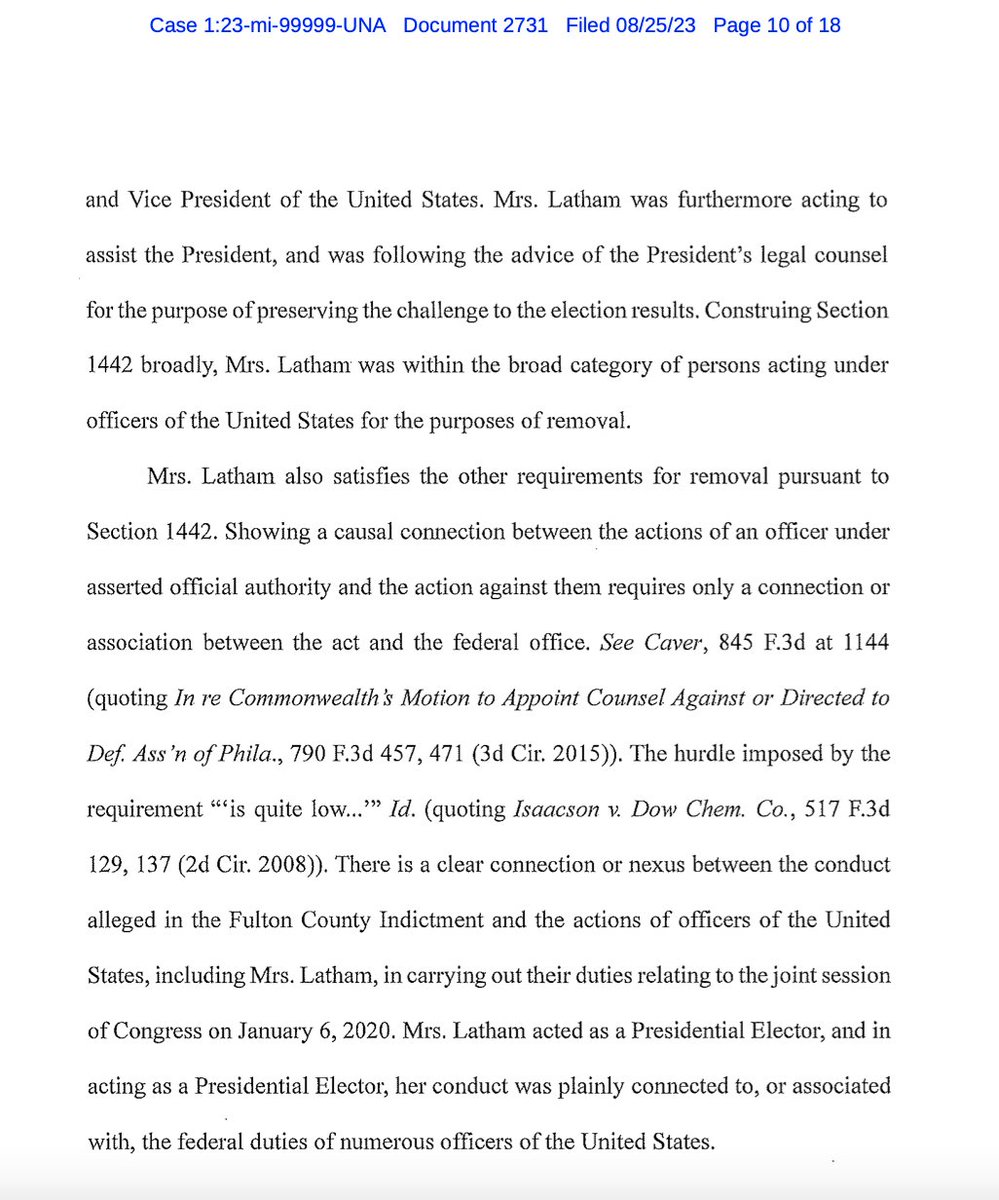 NEW: Cathy Latham is the fifth person to file a motion to remove her case to federal court. Latham, one of the false electors, argues she was acting under federal law during her duties and following instruction of Trump, who was POTUS at the time. storage.courtlistener.com/recap/gov.usco…