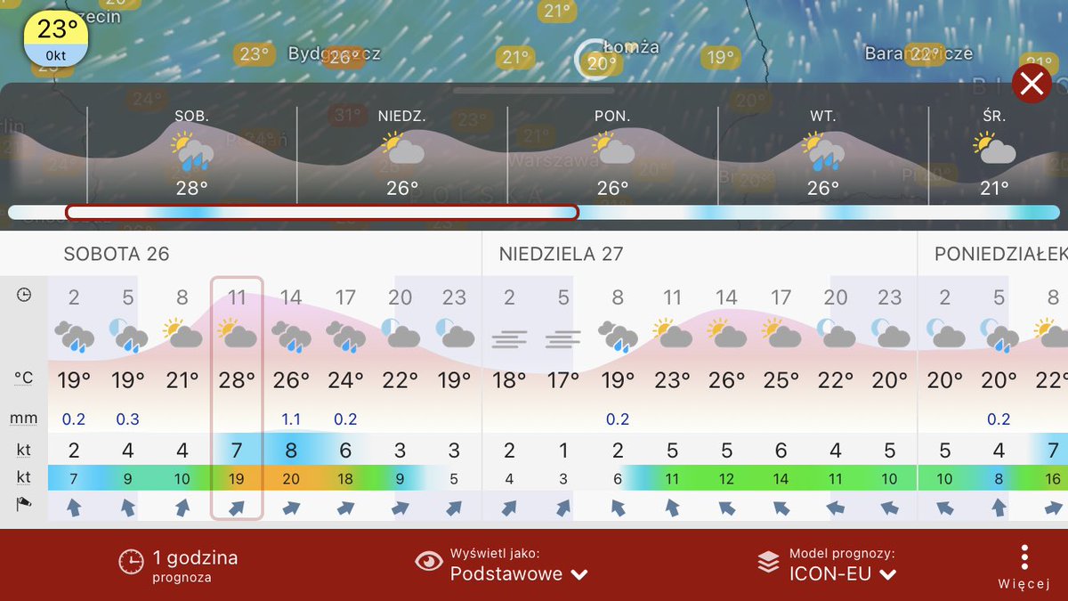 MeteoinfoLMOSPL's tweet photo. Prognoza pogody wg.modeli #ECMWF #GFS #ICON dla
#Ostrołęka na 2️⃣6️⃣.0️⃣8️⃣.2️⃣0️⃣2️⃣3️⃣ #Windycom https://t.co/3Zr9lkLzVE