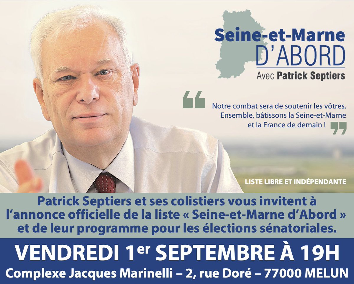 📣 Mes colistiers et moi-même sommes heureux de vous inviter à la présentation officielle de notre liste « Seine-et-Marne d'Abord ». Nous avons hâte de vous rencontrer et d’échanger avec vous pour bâtir ensemble la France et la Seine-et-Marne de demain ! #Sénatoriales2023