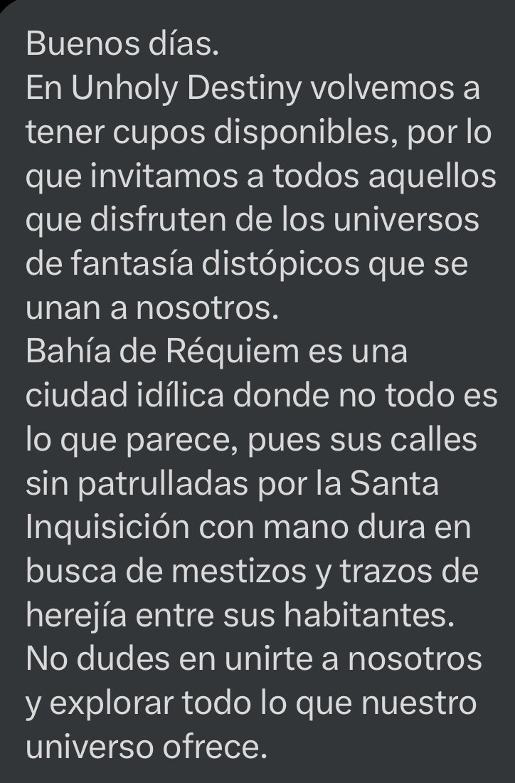 🌻: Este rol cerrado tiene cupos disponibles, vayan si disfrutan de los universos de fantasía distópicos. 

( <a href="/unholyD_PR0M0/">𝑼𝒏𝒉𝒐𝒍𝒚 𝑫𝒆𝒔𝒕𝒊𝒏𝒚 - OFF</a> )