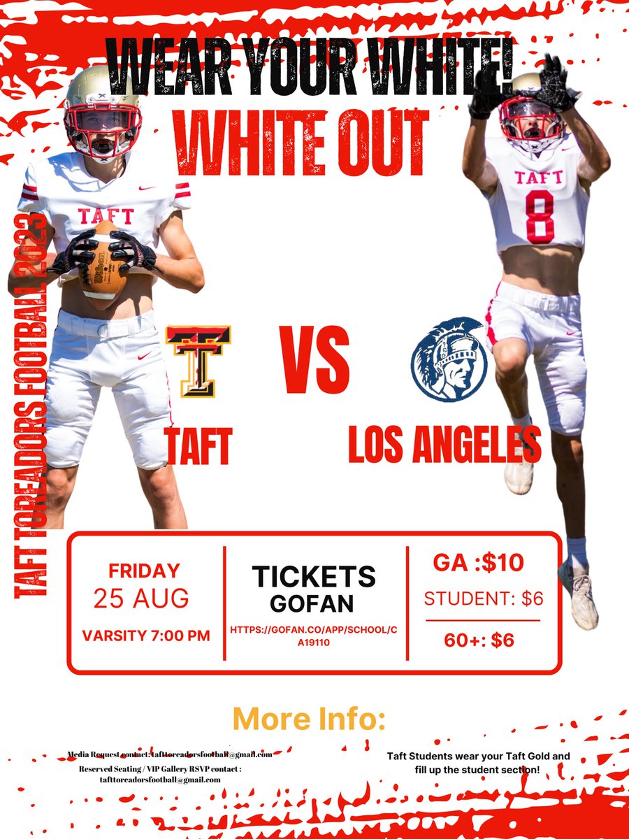 Coach Fred Emmerson (@coachemmerson) on Twitter photo WHITE OUT TONIGHT. !!! Let’s pack the stands in all white and cheer on @Tafttoreadorsfb Varsity as we take on Los Angeles High School <a href="/RomanFootball2/">RomanFootball</a> at 7pm! Tickets available on Go Fan ! WHITE OUT TONIGHT. !!! Let’s pack the stands in all white and cheer on @Tafttoreadorsfb Varsity as we take on Los Angeles High School <a href="/RomanFootball2/">RomanFootball</a> at 7pm! Tickets available on Go Fan !