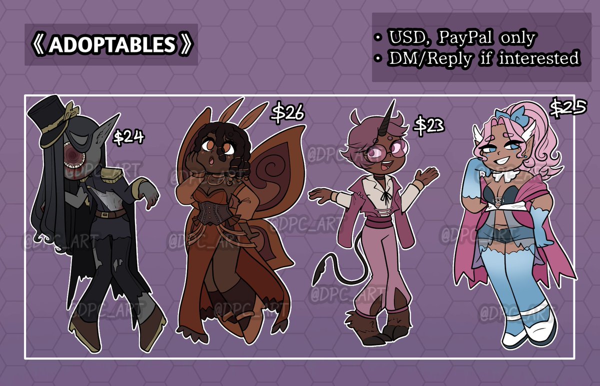 DPC_Adopts's tweet image. 《ASSORTED PRICE ADOPTS》

Twt DMs have been rlly iffy so if you&apos;re interested in these guys either reply or send a DM to my IG!! (same @)

#adoptables #adopts #oc #characterdesign #ocsale #ArtistOnTwitter #digitalart #adoptme #pta #fantasyart #dnd #dndadopt #mosteradopt