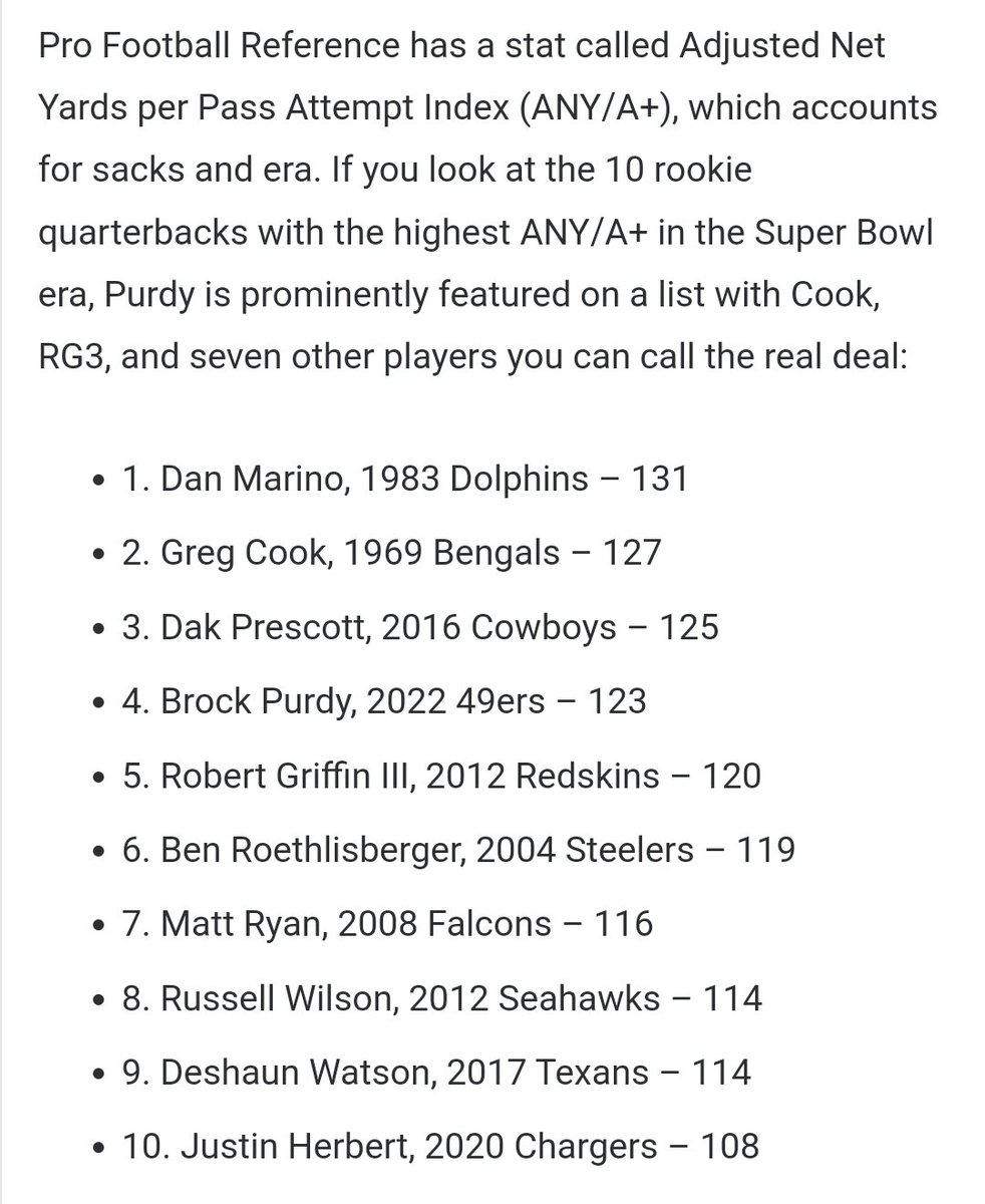 ScottKacsmar's tweet photo. Is Brock Purdy the next Tom Brady or Greg Cook?

I should add min. 170 attempts to make this list. 

49ers preview:

https://t.co/JwSDyOlUfJ https://t.co/POOQWoWRKt