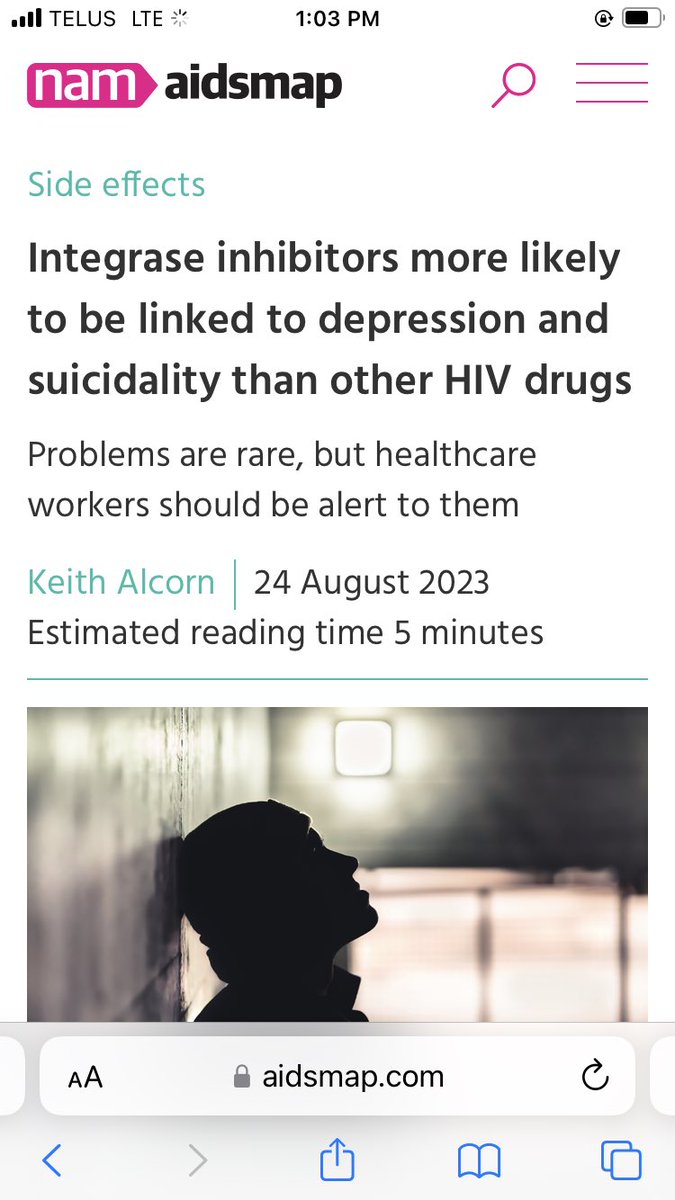 ElizabethKingMD's tweet photo. Interesting paper showing higher odds of depression (OR 3.6) and suicidality (OR 4.7) for people taking INSTIs compared to other ARVs. Adverse drug reactions are important and need to be reported, especially for newer ARVs https://t.co/u9li36uPuw