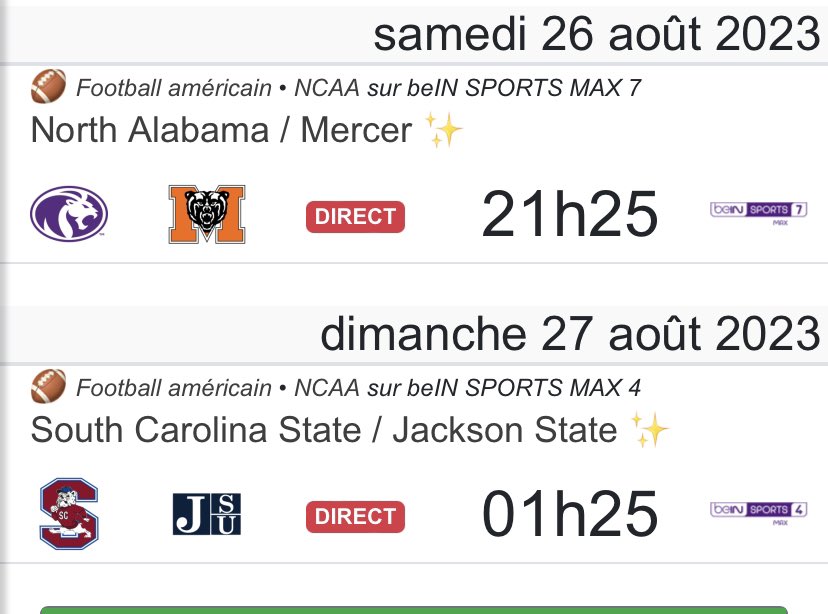 TheTrickPlayFR's tweet photo. 🇫🇷 PROGRAMME TV BE IN SPORTS ! 

Pour cette Week 0 de College Football, pas de rencontres FBS. @beinsports_FR diffusera 2 matchs de FCS, la division « 1-b » : 

▪️FCS Kickoff : North Alabama vs Mercer
▪️MEAC/SWAC Kickoff : South Carolina State vs Jackson State https://t.co/SwXju63vds