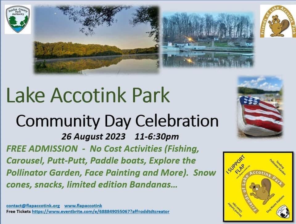 COMMUNITY DAY TOMORROW - RAIN OR SHINE

Please join us for Lake Accotink Park Community Day tomorrow, August 26th. No cost events and activities, free raffle and much more. Questions contact@flapaccotink.org

#fairfax #FLAP #lakeaccotink #FCPA #FCPS