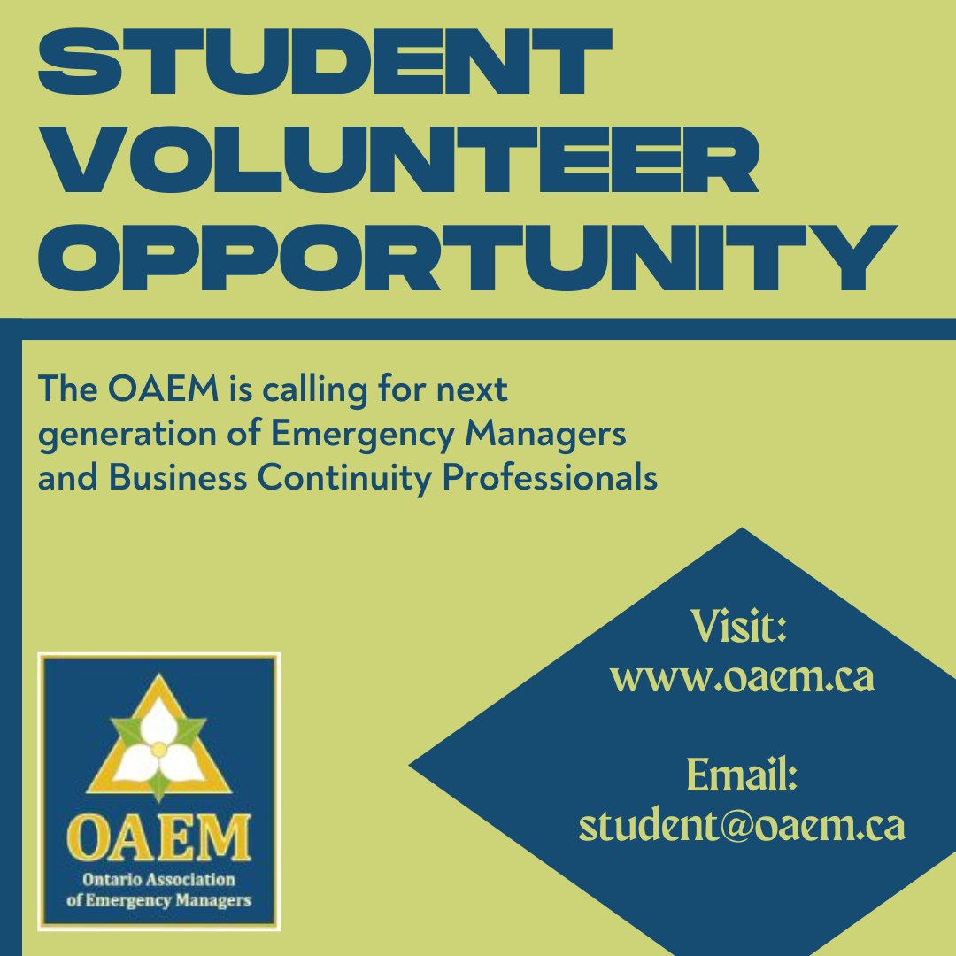 OAEM is seeking emergency management and business continuity professionals to join the Student Subcommittee

👉Click this link for more information:

        lnkd.in/g6PwjawB

We look forward to hearing from you!