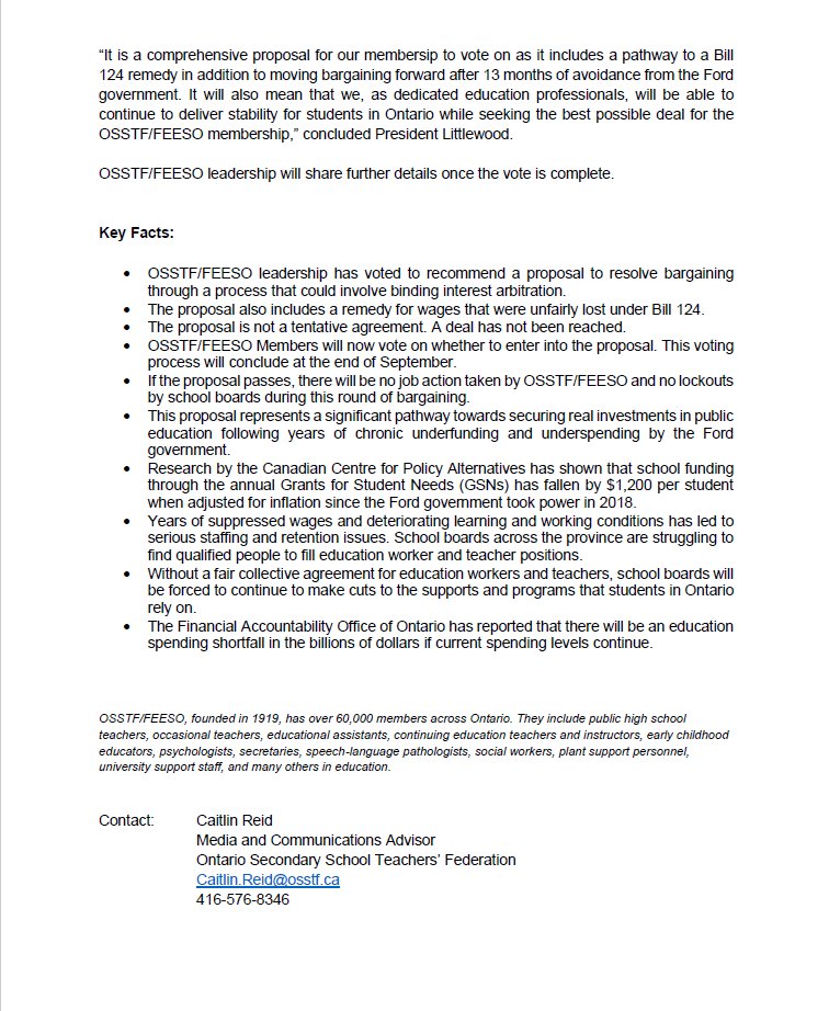 Today, #OSSTF leadership voted overwhelmingly to recommend that Members enter into a proposal to resolve bargaining with the govt through a process that could include arbitration. This not a tentative agreement but clears a pathway forward for this round of bargaining. #OntEd
