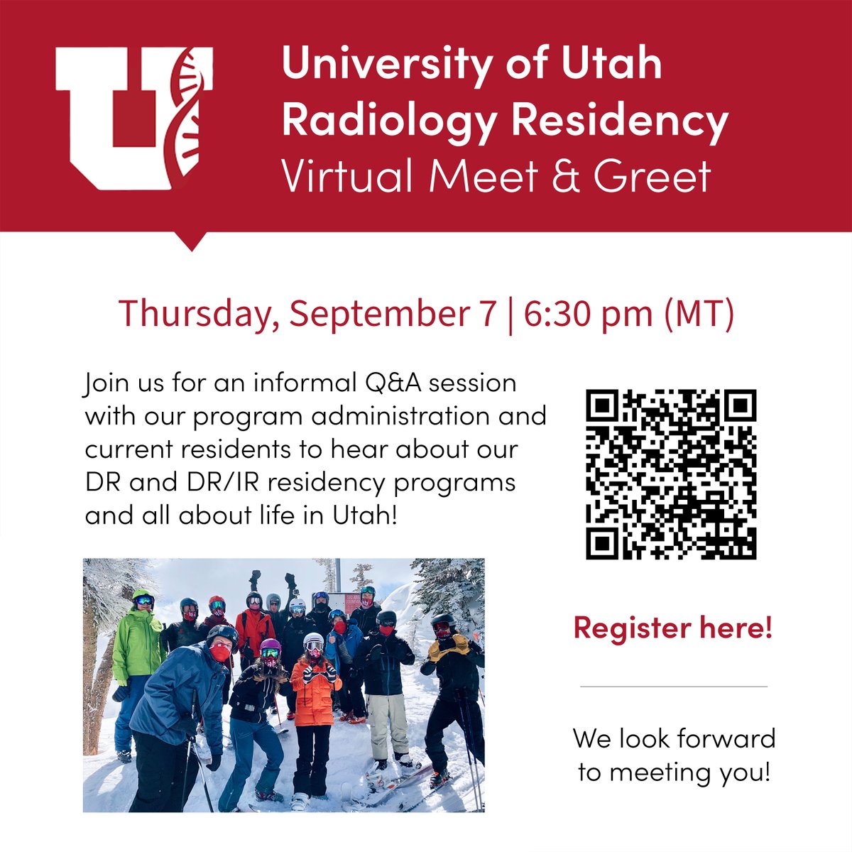 Calling all 4th year medical students applying to Radiology Residency this year! Don’t miss this opportunity to meet our PDs and current residents to learn all about the world-class training program at the University of Utah. #futureradres #medstudents #meded #radres #raded