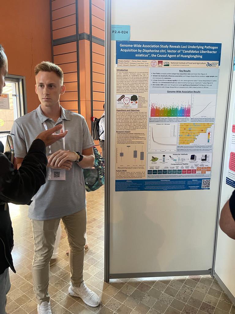 DougieStuehler's tweet photo. That’s a wrap at ICPP2023! Thanks to all who showed interest in our poster @Marina_Entom regarding a GWAS exploring vector competency of ACP, vector of Citrus Greening Disease. https://t.co/L7XCWLsHS3