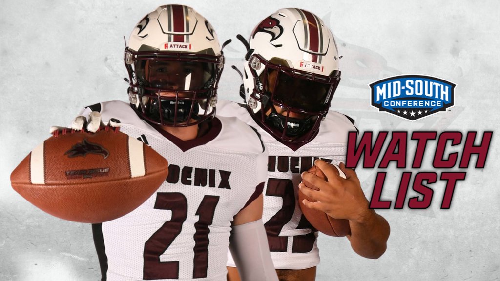 Boston Follis, Trevor Griffin, Luke Holloway, Josh Jones, Will Sanchez, and Treylon Sheppard were each named to the Mid-South Conference Football Watch List! #WeArePhoenix

Read More ➡️ tinyurl.com/275xbyfj