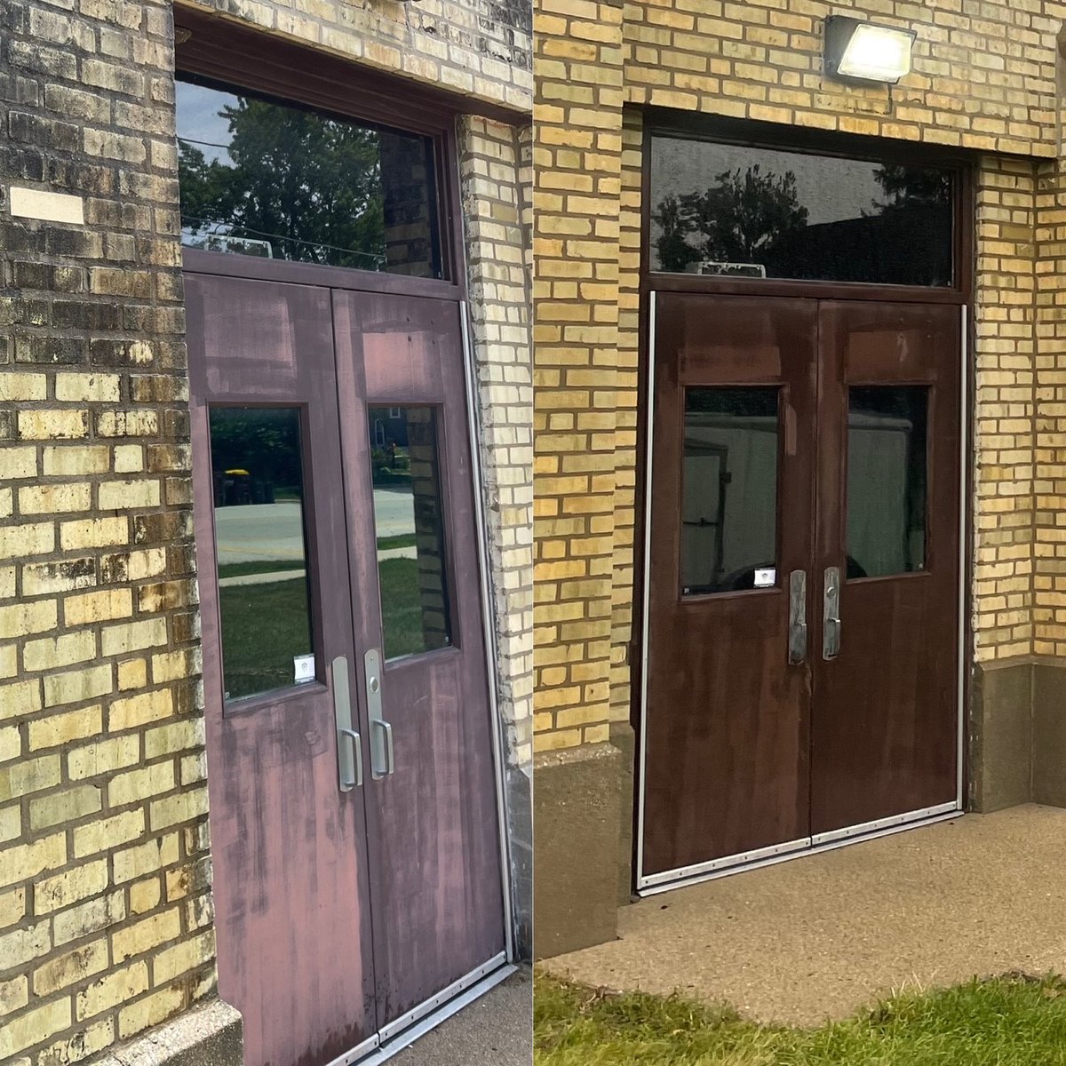 We just started using an oxidation remover and here you can see the before and after.  The pinkish color is oxidation from the sun.  

You can see we were able to remove the oxidation and bring back a deeper color for the doors.