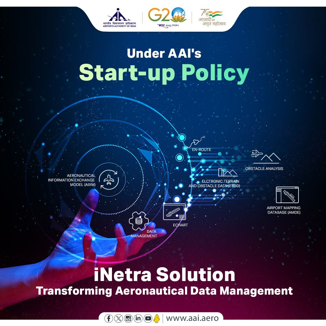 AAI_Official's tweet photo. To tackle the challenges faced by #AAI while managing the vast and diverse data received from different sources for ensuring safe air travel, a startup named @sat_sure has introduced the solution 'iNetra' under #AAI's Startup Policy. https://t.co/9iJJbgioKE