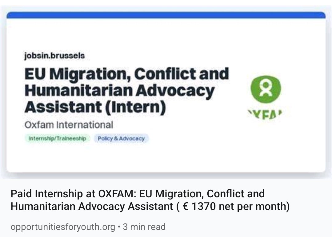 🌍 Join @Oxfam's Paid Internship in Brussels 🇧🇪

📅 Deadline: Sept 4

 🔗 Apply: bit.ly/45GYeZV

🌐 Role: EU #Advocacy Assistant Elevate skills, reshape EU policies on #migration, #conflict, and #humanitarianaction.

#OxfamInternship #paidinternship #BrusselsJobs