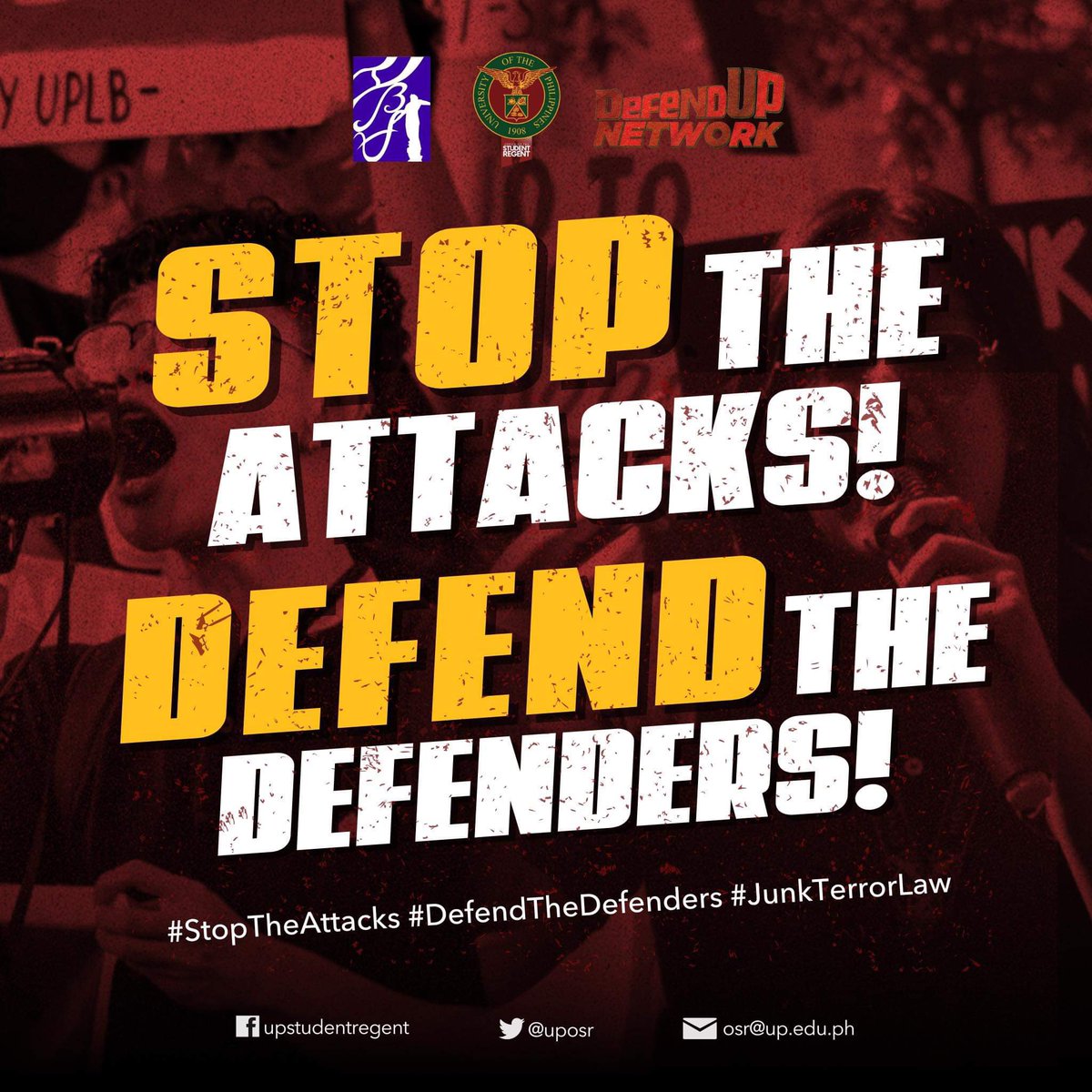 uposr's tweet photo. STOP THE ATTACKS! DEFEND THE DEFENDERS!

Joint statement of the Office of the Student Regent, KASAMA sa UP, and Defend UP Network on the attacks on 2nd SR Nominee Red Masacupan and 3rd SR Nominee JPEG Garcia

#StopTheAttacks
#DefendTheDefenders
#JunkTerrorLaw https://t.co/Fja2KMJUHQ