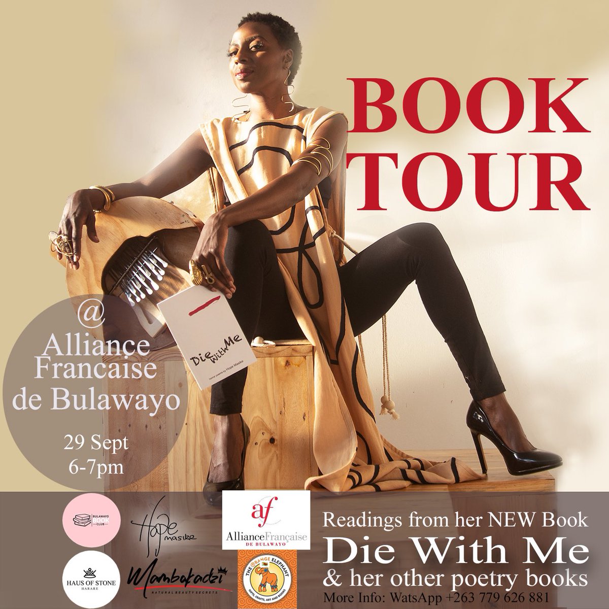 HopeMasike's tweet photo. We are planning a #BookTour for my latest book #diewithme The book events will also include #dzevabvazera , #askmeagain & #mbiramusic
Here is our #Bulawayo leg:
Honored to be cushioned by @afbulawayo @BulawayoBkClub The Orange Elephant, Mambokadzi and @hausofstone https://t.co/BVJmP9djwj