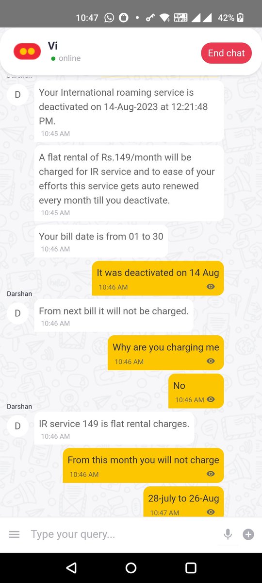 MukeshDJain's tweet photo. Please be careful of this new type of fraud by @ViCustomerCare @VodafoneIdeaIN 

I took 30 days international roaming for my backup number. I deactivated it on 14-Aug and still getting charged as "convenience" here is text from VI customer care. https://t.co/YwRwlemTTK