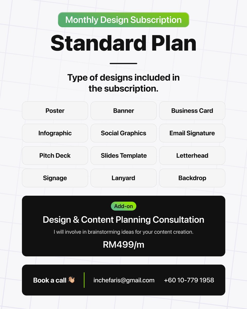 IncheFaris's tweet image. Pakej Design Bulanan yang popular. Klien yang pernah langgan plan ini datang dari NGO, SMEs &amp;amp; juga individu/personal.

Saya decide untuk aktifkan semula plan ini sebab ada klien yang tak perlu design banyak pun dalam sebulan. 10 design memadai.

DM/Contact me if interested! 👋