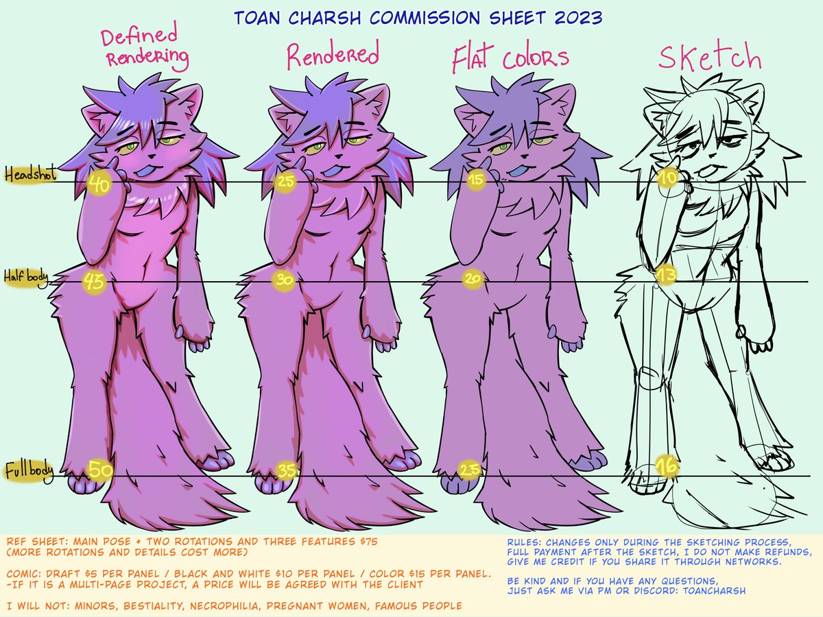 toannaot's tweet photo. Hello everyone, I present to you the new commission sheet and the style that I will apply. If you have extra questions just consult me.
I also present a new character through example c:
Anyone interested in commissioning me, send me a message
Discord toancharsh or pm over here https://t.co/IRLgRbgrbw