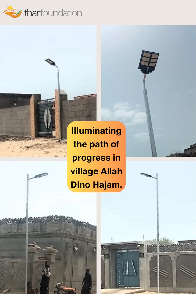 TharFoundation's tweet photo. Very excited to celebrate the installation of solar-powered streetlights in the village of Allah Dino Hajam.
These lights not only brighten up the streets in AD Hajam but also symbolize the dawn of a brighter future for the community.
#TharTransforms #CommunityProgress https://t.co/TZSqS2gYci