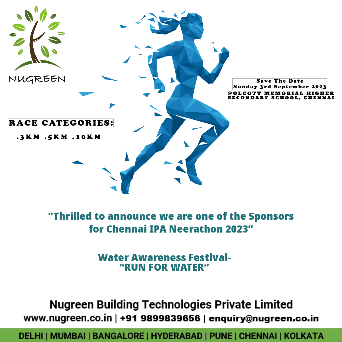 NugreenIndia's tweet photo. We are one of the Sponsors for #IPANeerathon2023, Chennai taking place tomorrow that is Sunday 3rd Sep, 2023 at Olcott Memorial Higher Secondary School
https://t.co/EfN0BJMWXV | enquiry@nugreen.co.in
#savewater #ipaneerathon #nugreenbuildingtechnologies #savetrees #mea  #savetree https://t.co/S4fZeruWWy