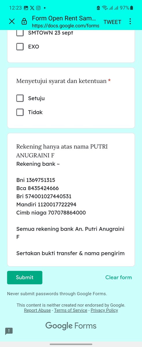tyongindeyo's tweet photo. Hati hati ya guys yg mau rent hp buat smtown atau buat event apapun. 
Semua rekening bank An. Putri Anugraini Febiola. PENIPU SCAM 

Bni 1369751315

Bca 8435424666

Bri 574001027440531

Mandiri 1120017722294

Cimb niaga 707078864000 https://t.co/78YjoPugXP