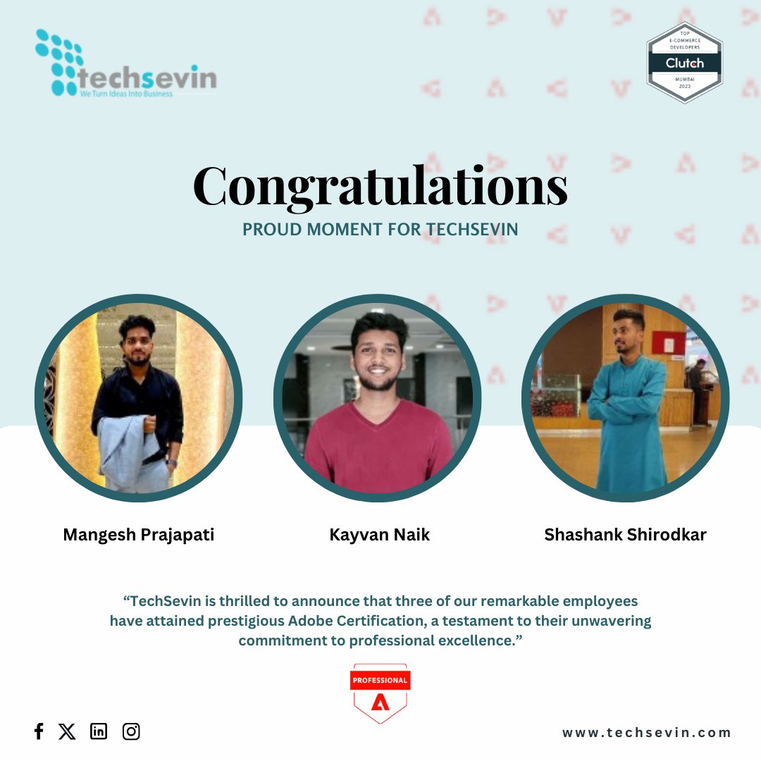 🌟 Empowering Excellence! 🌟 At TechSevin, we take immense pride in our exceptional employees who have achieved Adobe Certification. Congratulations to these trailblazers for raising the bar and inspiring us all! 🚀🎓 #TechSevinTalent #AdobeCertified #EmpoweringInnovation