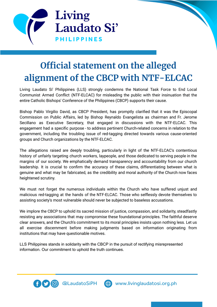 LaudatoSiPH's tweet photo. #OFFICIALSTATEMENT ON THE ALLEGED ALIGNMENT OF THE CBCP WITH NTF-ELCAC

LLS Philippines stands in solidarity with the CBCP in the pursuit of rectifying misrepresented information. Our commitment to uphold the truth continues.

NO CLIMATE JUSTICE WITHOUT HUMAN RIGHTS!

#LaudatoSi https://t.co/O4uBWDBFmc