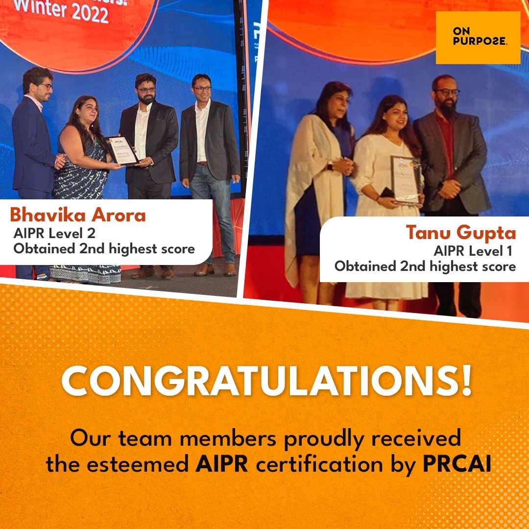 OnPurposeComms's tweet photo. Kudos to Bhavika Arora and Tanu Gupta for their outstanding accomplishment in securing the prestigious AIPR certification!
#Comms4SocialChange #PRologue2023 #InfluencingPRogress #SABREAwardsSA #AIPRodigyChallenge https://t.co/CShvsH1vSQ