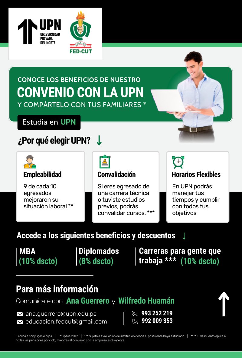 FedCut's tweet photo. #𝐂𝐨𝐧𝐯𝐞𝐧𝐢𝐨𝐬𝐅𝐄𝐃𝐂𝐔𝐓 |  ¡𝐂𝐎𝐍𝐎𝐂𝐄 𝐋𝐎𝐒 𝐁𝐄𝐍𝐄𝐅𝐈𝐂𝐈𝐎𝐒 𝐃𝐄 𝐍𝐔𝐄𝐒𝐓𝐑𝐎 𝐂𝐎𝐍𝐕𝐄𝐍𝐈𝐎 𝐂𝐎𝐍 𝐋𝐀 𝐔𝐏𝐍! 
🧑‍🏫 Carreras ➡https://t.co/zdGiAGfQze
🧑‍🏫 Detalles Convenio ➡ https://t.co/YWxOth4EJo
#fedcut #essalud  #upn #carreras #cursos #diplomados #mba https://t.co/lix5jRwbbh