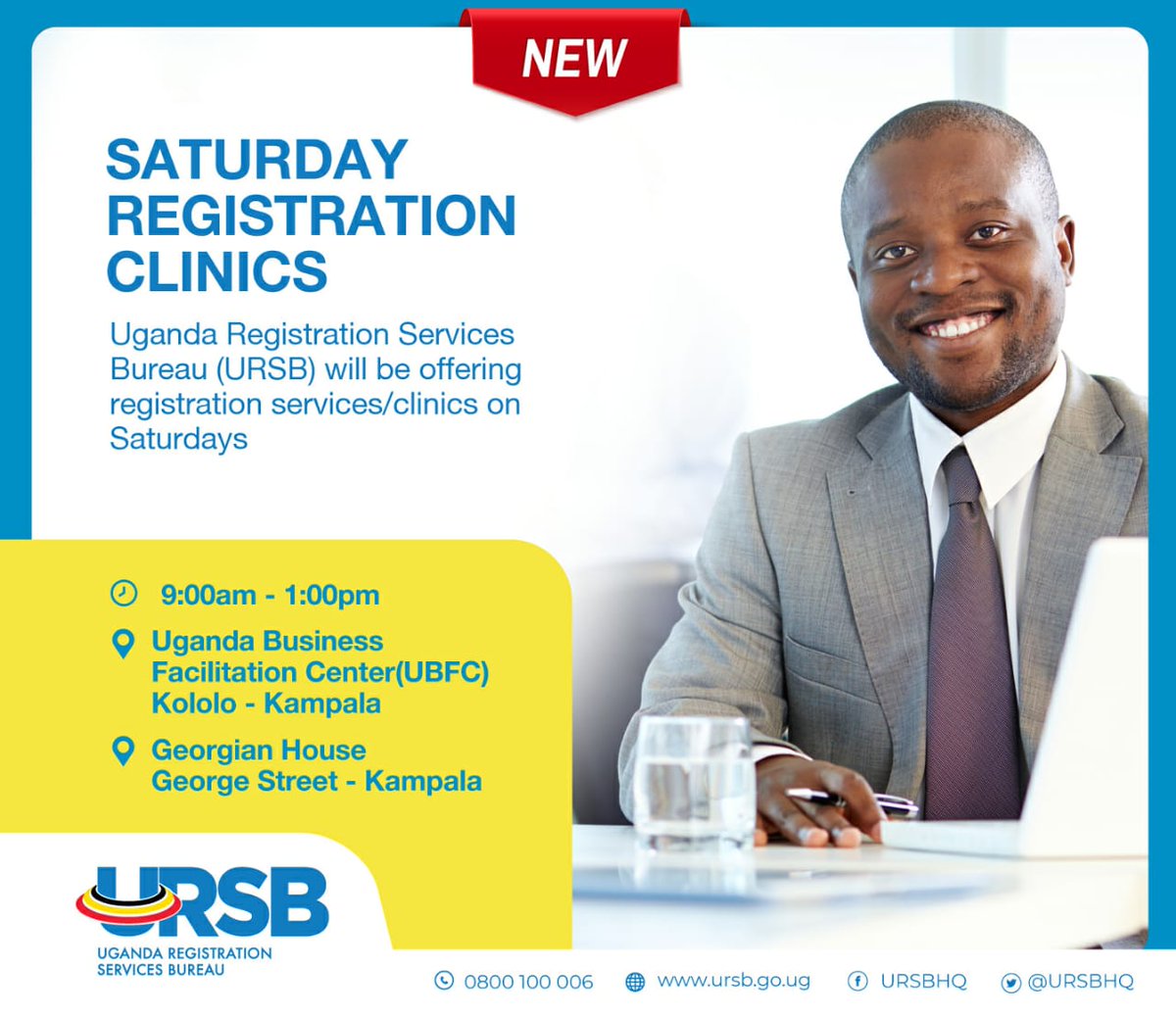 URSBHQ's tweet photo. Join us today for the 𝗦𝗮𝘁𝘂𝗿𝗱𝗮𝘆 𝗥𝗲𝗴𝗶𝘀𝘁𝗿𝗮𝘁𝗶𝗼𝗻 𝗖𝗹𝗶𝗻𝗶𝗰𝘀 from 9 am - 1 pm at Uganda Business Facilitation Centre &amp; Georgian House.

Is the workweek keeping you occupied? Don't miss this valuable opportunity today. https://t.co/cIltg3K0XS