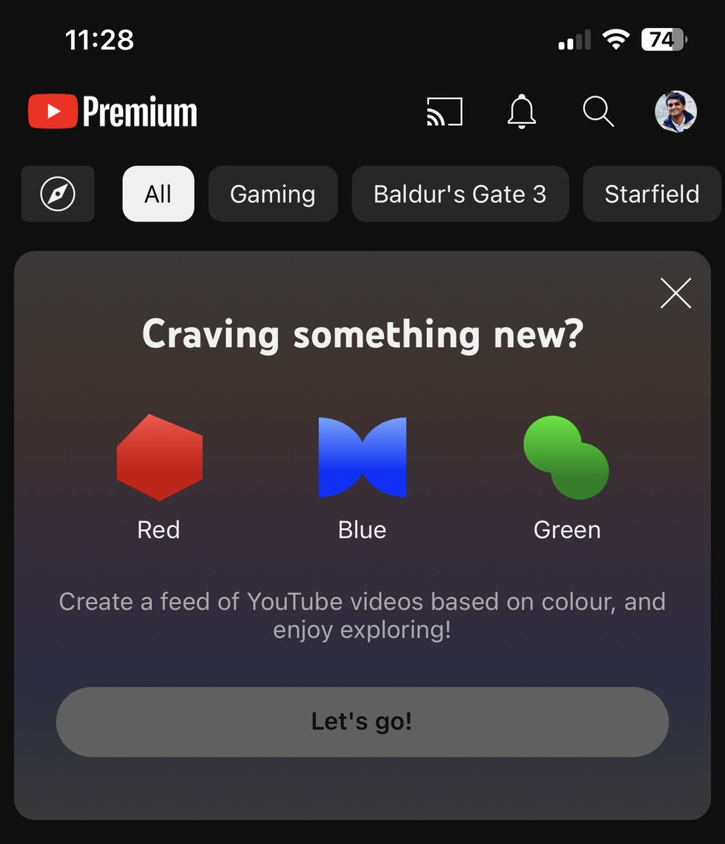 WheresAshutosh's tweet photo. YouTube is experimenting with a colour based video feed?! Videos seem to be selected on the basis of dominant colour in the thumbnail. Checked the calendar and it’s not 1st Apr. One of wackiest experiments I’ve seen in a long time. Wonder what is the hypothesis here. https://t.co/bg5SISjr6u