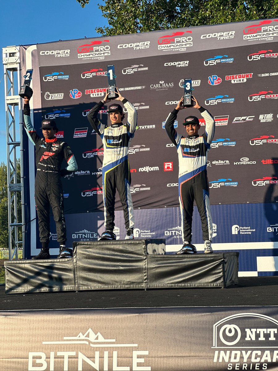 The @USFPro2000 Race 1 Podium in Portland. P1 - @KikoPorto12 / @DEForceRacing P2 - @OceanbyMR / @PabstRacing P3 - @BijoyGarg / @DEForceRacing Race 2 slated for 3:10pm PST tomorrow. #TeamCooperTire #USFPro