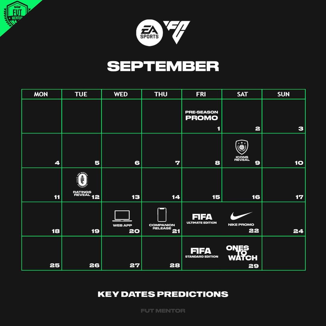 fifapatia1's tweet photo. Aquí tienen el calendario de las fechas de lo que se viene en septiembre:
Día 20-Web app
Día 21 -Companion Release
Día 22 -Acceso anticipado para versión #Ultimate y #EAAccess
Día 29 -Lanzamiento mundial del #EAFC24 https://t.co/IPX1E272V6