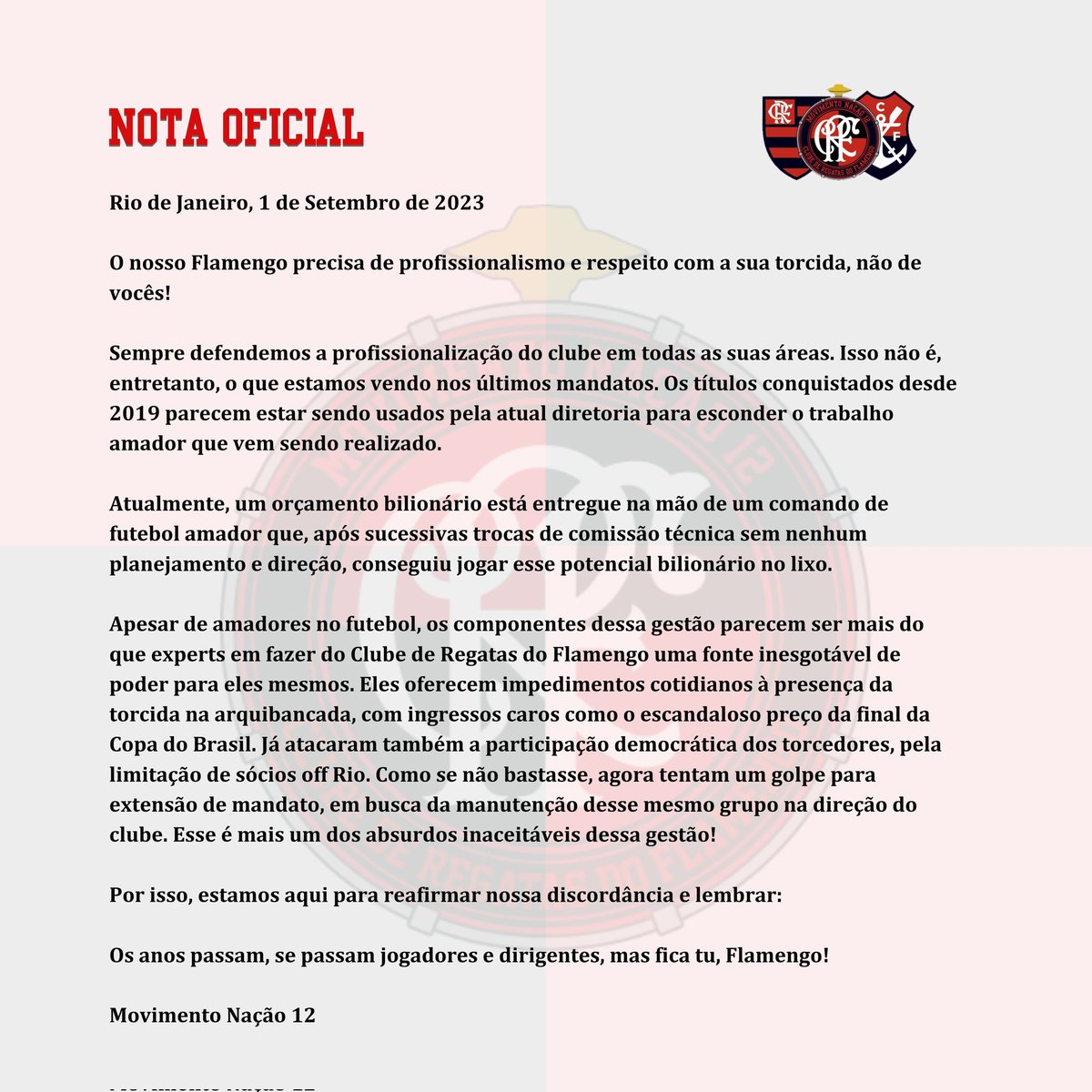 Nacao12's tweet photo. FORA LANDIM
FORA MARCOS BRAZ 
FORA GUSTAVO OLIVEIRA
FORA TODO AMADORISMO DO FLAMENGO!

SAIAM DO FLAMENGO SANGUESSUGAS ELITISTAS!

@Flamengo

#Nação12 
#Nadanospara

☝🏽✌🏽🚩🏴 https://t.co/3OpFlWQ1vQ