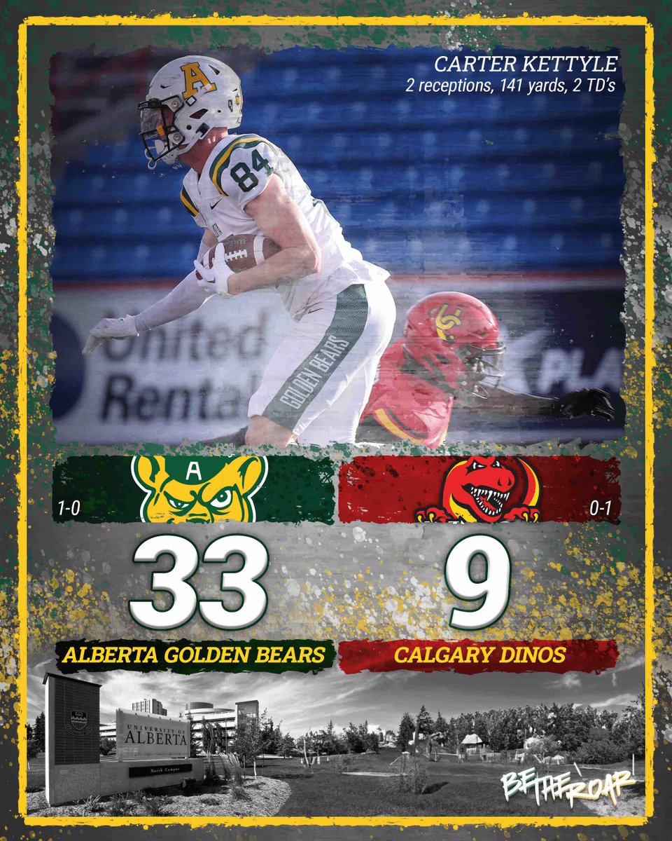 𝗙𝗜𝗡𝗔𝗟 🏈
Huge performances from Eli Hetlinger, Carter Kettyle, and Matthew Peterson power the Bears to a 33-9 win over Calgary! 

The 1-0 Bears will host Manitoba next Friday at Foote Field. 

BOXSCORE: canadawest.org/sports/fball/2…
