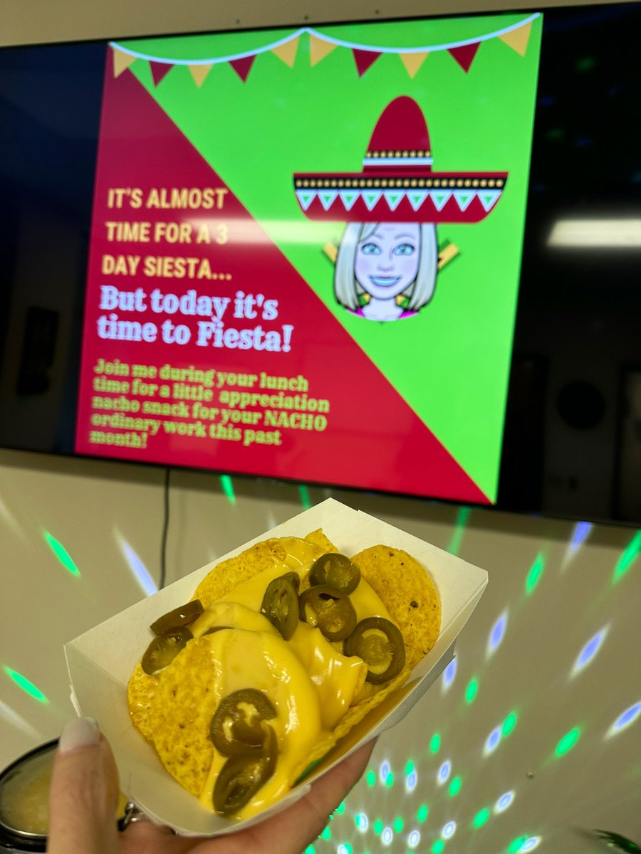 pinkpatterson's tweet photo. We made it one full month! My @WeAreGRHS Staffamily is NACHO ordinary kind of peeps…they are pouring GReatness into our kids! We celebrated with a nacho fiesta before our (well deserved) 3 day siesta! #WeAreGR #Longweekendloading https://t.co/cc1ja62T2H