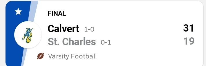 Big win at ST. CHARLES
It was a great battle.
<a href="/CalvertFootball/">Calvert Football</a>